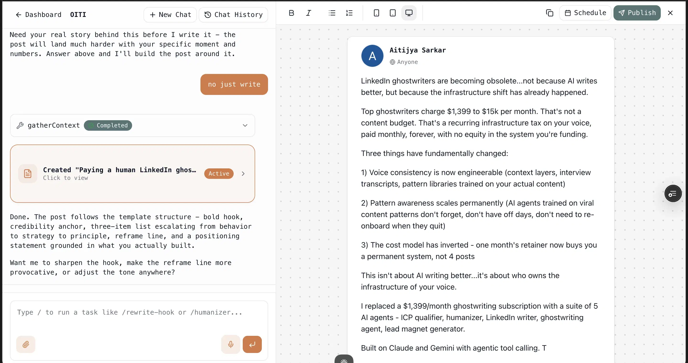 Oiti composer drafting a LinkedIn post in your voice