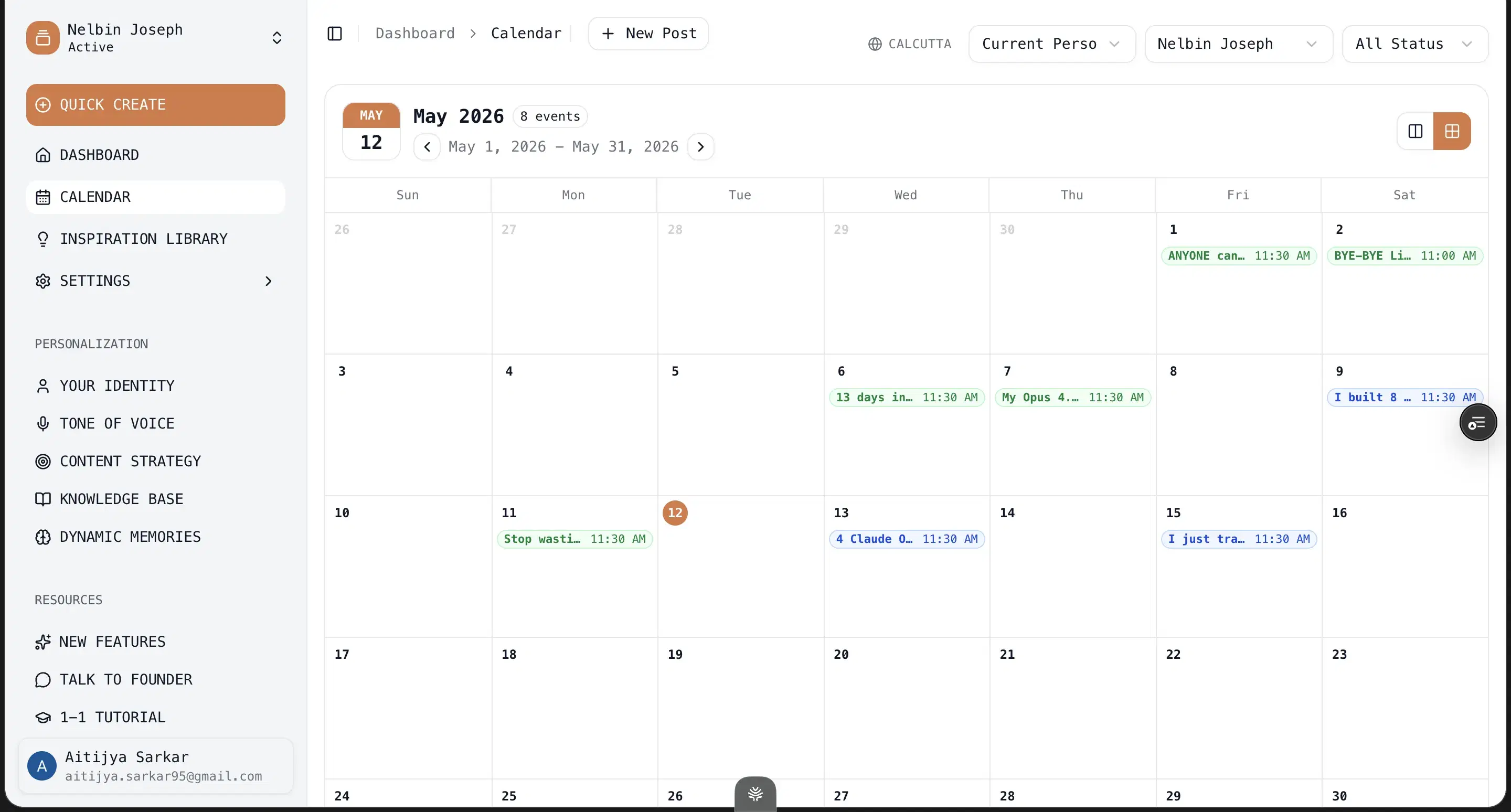 Oiti content calendar scheduling posts across personal and company pages